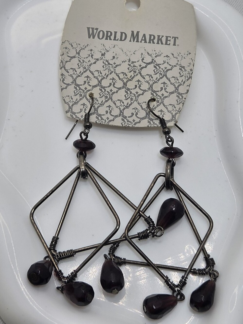 NWT World Market Wire Wrapped Geometric Purple Glass Bead Dangle Earrings Boho